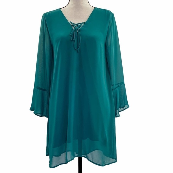 COLLECTIVE Concepts Teal Bell Sleeve Lace-Up Dress - Picture 1 of 12